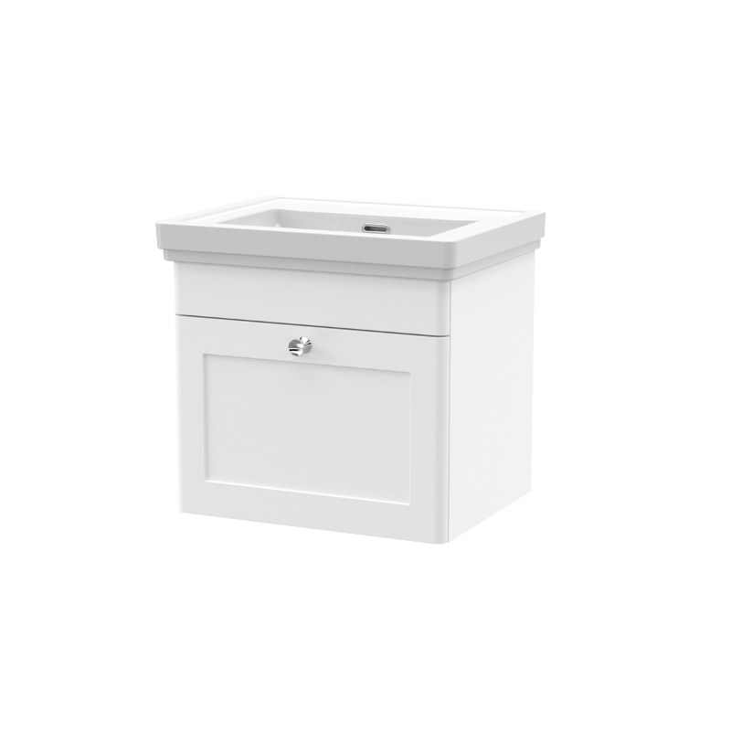 Nuie Classique 500mm Wall Hung 1 Drawer Vanity Unit & Basin With Chrome Handle (1 size, Satin White) - Brand New Bathrooms