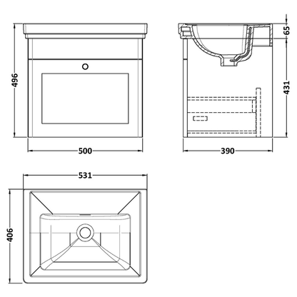 Nuie Classique 500mm Wall Hung 1 Drawer Vanity Unit & Basin With Chrome Handle (1 size, Satin White) - Brand New Bathrooms