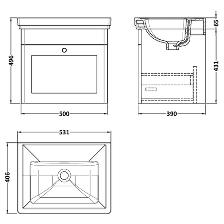 Nuie Classique 500mm Wall Hung 1 Drawer Vanity Unit & Basin With Chrome Handle (1 size, Satin White) - Brand New Bathrooms