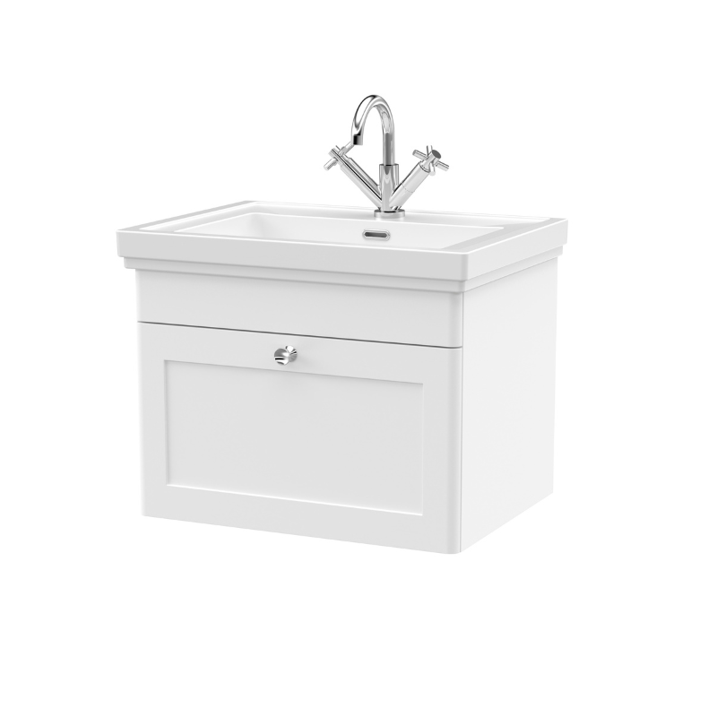 Nuie Classique 600mm Wall Hung 1 Drawer Vanity Unit with 1 Tap Hole Basin (1 size, Satin White) - Brand New Bathrooms