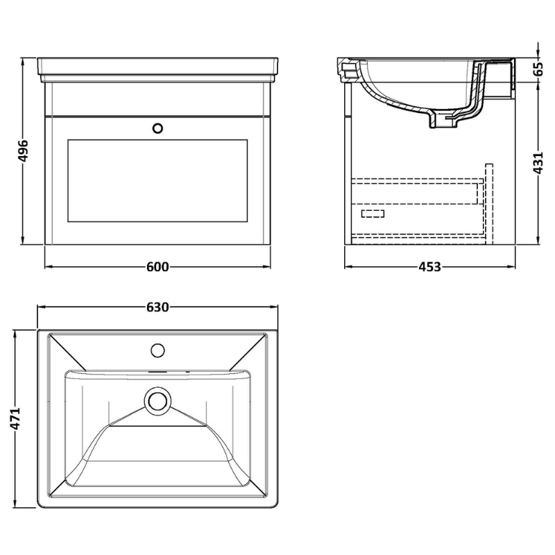 Nuie Classique 600mm Wall Hung 1 Drawer Vanity Unit with 1 Tap Hole Basin (1 size, Satin White) - Brand New Bathrooms