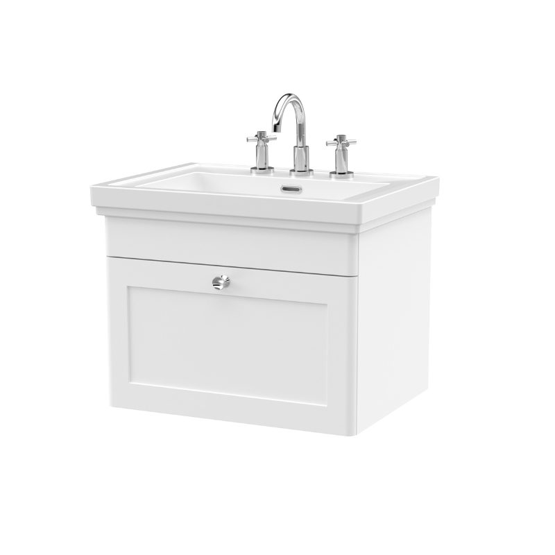 Nuie Classique 600mm Wall Hung 1 Drawer Vanity Unit With 3 Tap Hole Basin (1 size, Satin White) - Brand New Bathrooms