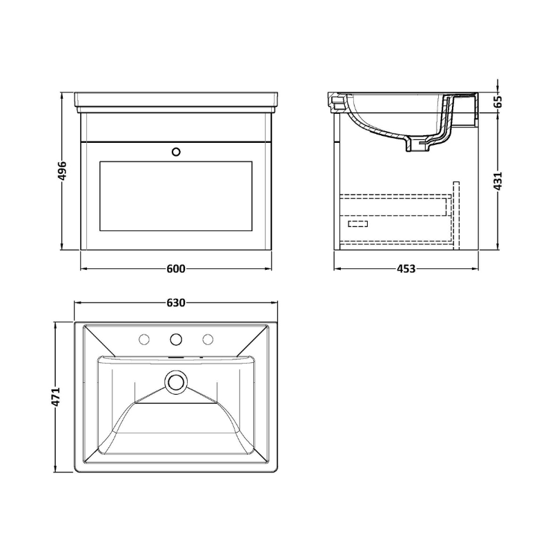 Nuie Classique 600mm Wall Hung 1 Drawer Vanity Unit With 3 Tap Hole Basin (1 size, Satin White) - Brand New Bathrooms