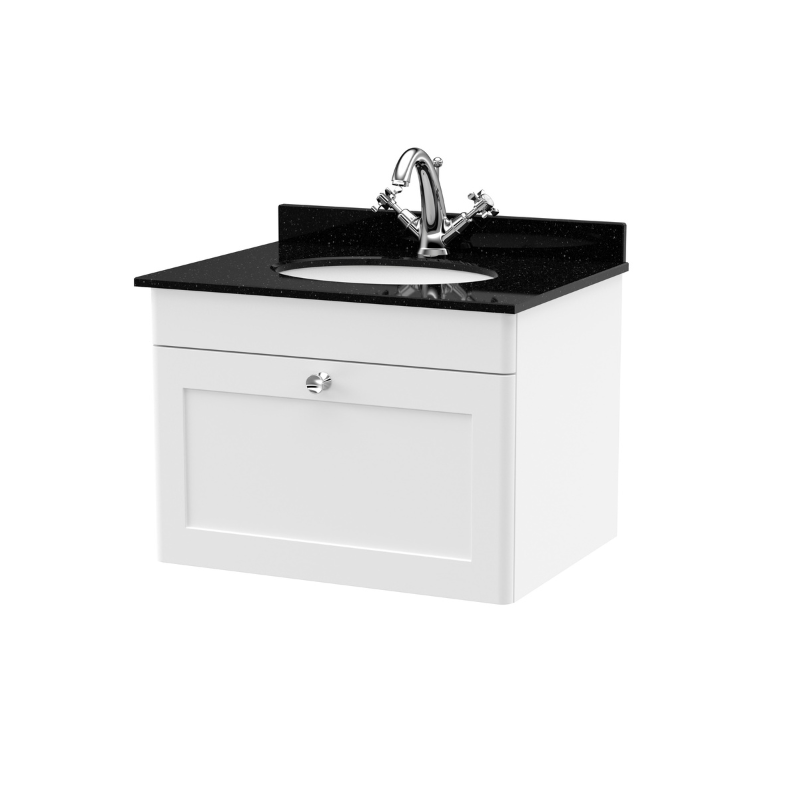 Nuie Classique 600mm Wall Hung 1 Drawer Unit & 1 Tap Hole Marble Top with Oval Basin (1 size, Satin White) - Brand New Bathrooms