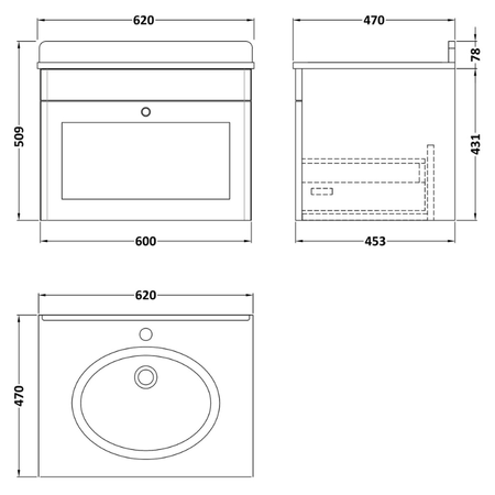 Nuie Classique 600mm Wall Hung 1 Drawer Unit & 1 Tap Hole Marble Top with Oval Basin (1 size, Satin White) - Brand New Bathrooms