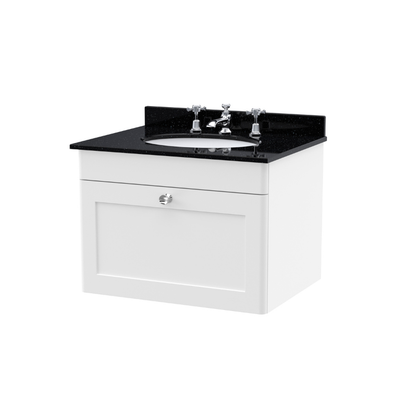 Nuie Classique 600mm Wall Hung 1 Drawer Unit & 3 Tap Hole Marble Top with Oval Basin (1 size, Satin White) - Brand New Bathrooms