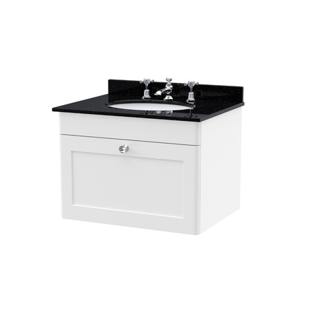 Nuie Classique 600mm Wall Hung 1 Drawer Unit & 3 Tap Hole Marble Top with Oval Basin (1 size, Satin White) - Brand New Bathrooms