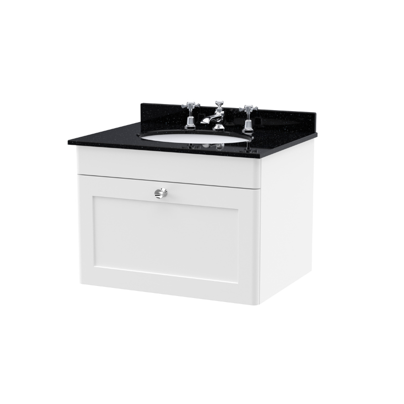 Nuie Classique 600mm Wall Hung 1 Drawer Unit & 3 Tap Hole Marble Top with Oval Basin (1 size, Satin White) - Brand New Bathrooms