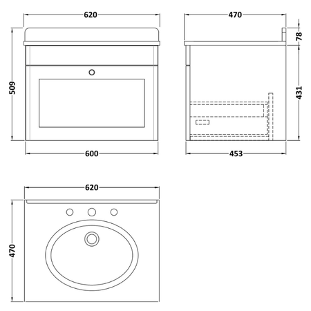 Nuie Classique 600mm Wall Hung 1 Drawer Unit & 3 Tap Hole Marble Top with Oval Basin (1 size, Satin White) - Brand New Bathrooms
