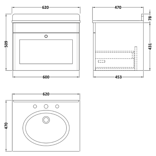 Nuie Classique 600mm Wall Hung 1 Drawer Unit & 3 Tap Hole Marble Top with Oval Basin (1 size, Satin White) - Brand New Bathrooms