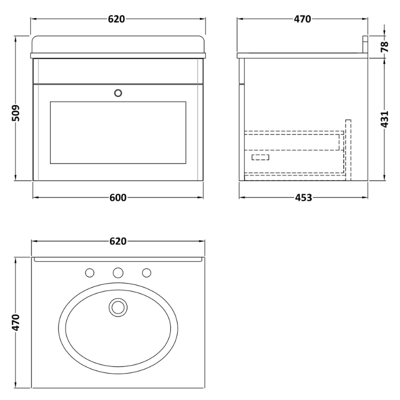 Nuie Classique 600mm Wall Hung 1 Drawer Unit & 3 Tap Hole Marble Top with Oval Basin (1 size, Satin White) - Brand New Bathrooms