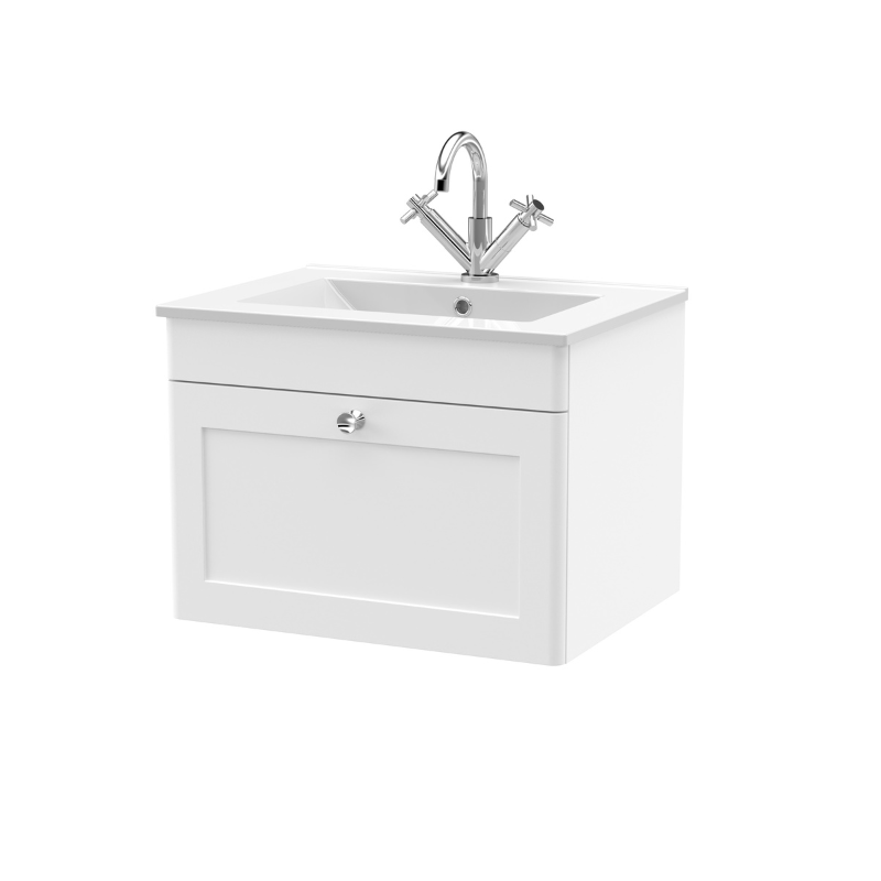 Nuie Classique 600mm Wall Hung 1-Drawer Vanity Unit with 1 Tap Hole Basin (1 size, Satin White) - Brand New Bathrooms
