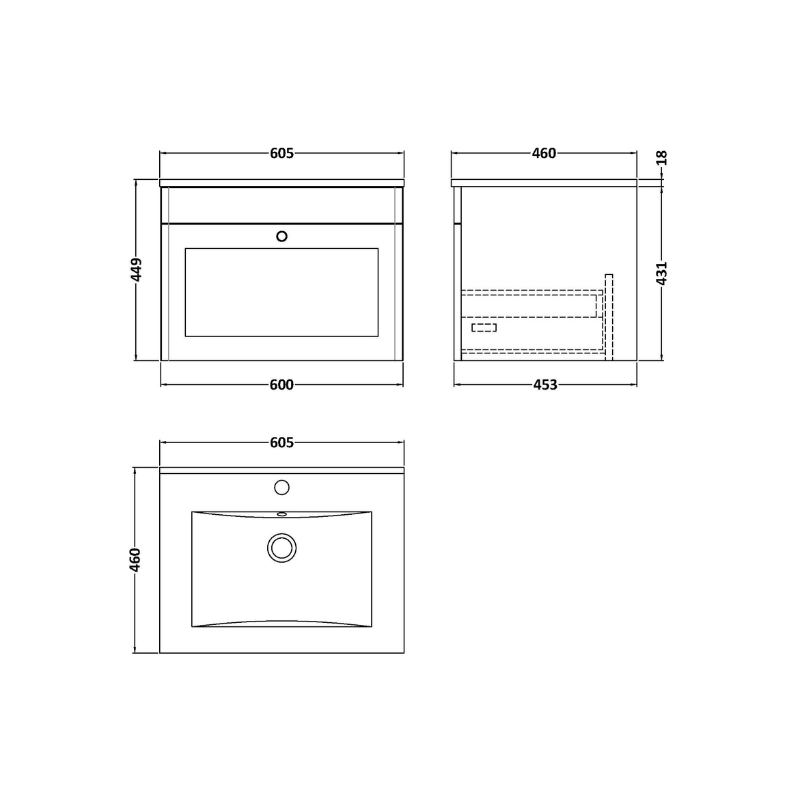Nuie Classique 600mm Wall Hung 1-Drawer Vanity Unit with 1 Tap Hole Basin (1 size, Satin White) - Brand New Bathrooms