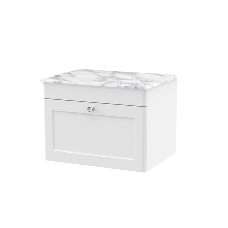 Nuie Classique 600mm Wall Hung 1-Drawer Vanity with Marble Top (1 size, Satin White) - Brand New Bathrooms