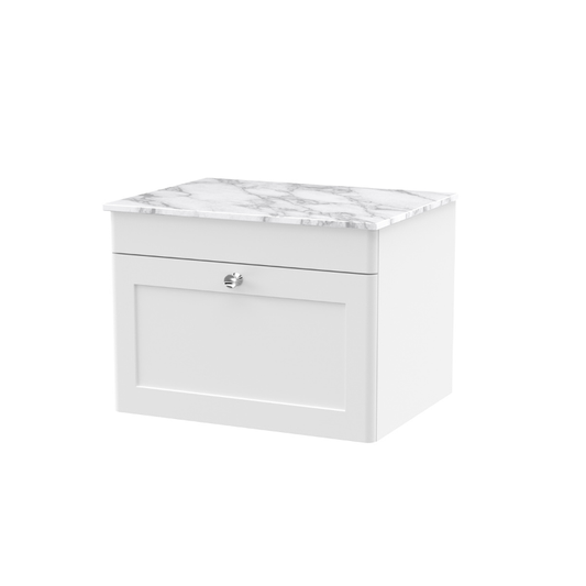 Nuie Classique 600mm Wall Hung 1-Drawer Vanity with Marble Top (1 size, Satin White) - Brand New Bathrooms