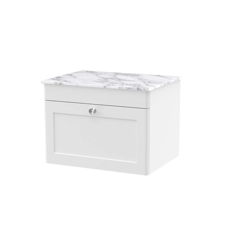 Nuie Classique 600mm Wall Hung 1-Drawer Vanity with Marble Top (1 size, Satin White) - Brand New Bathrooms
