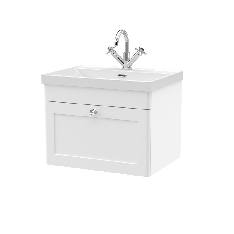 Nuie Classique 600mm Wall Hung 1-Drawer Vanity Unit with 1 Tap Hole Basin (1 size, Satin White) - Brand New Bathrooms