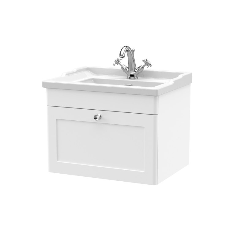 Nuie Classique 600mm Wall Hung 1 Drawer Vanity Unit with 1 Tap Hole Basin (1 size, Satin White) - Brand New Bathrooms