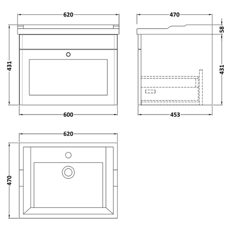 Nuie Classique 600mm Wall Hung 1 Drawer Vanity Unit with 1 Tap Hole Basin (1 size, Satin White) - Brand New Bathrooms