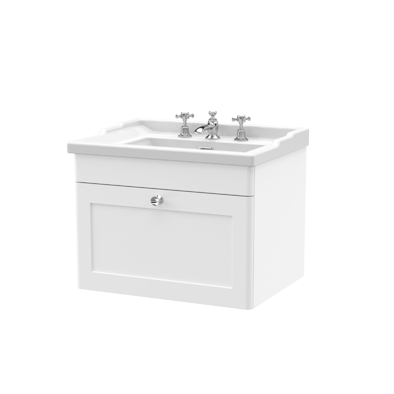 Nuie Classique 600mm Wall Hung 1 Drawer Vanity Unit with 3 Tap Hole Basin, Chrome Handle (1 size, Satin White) - Brand New Bathrooms
