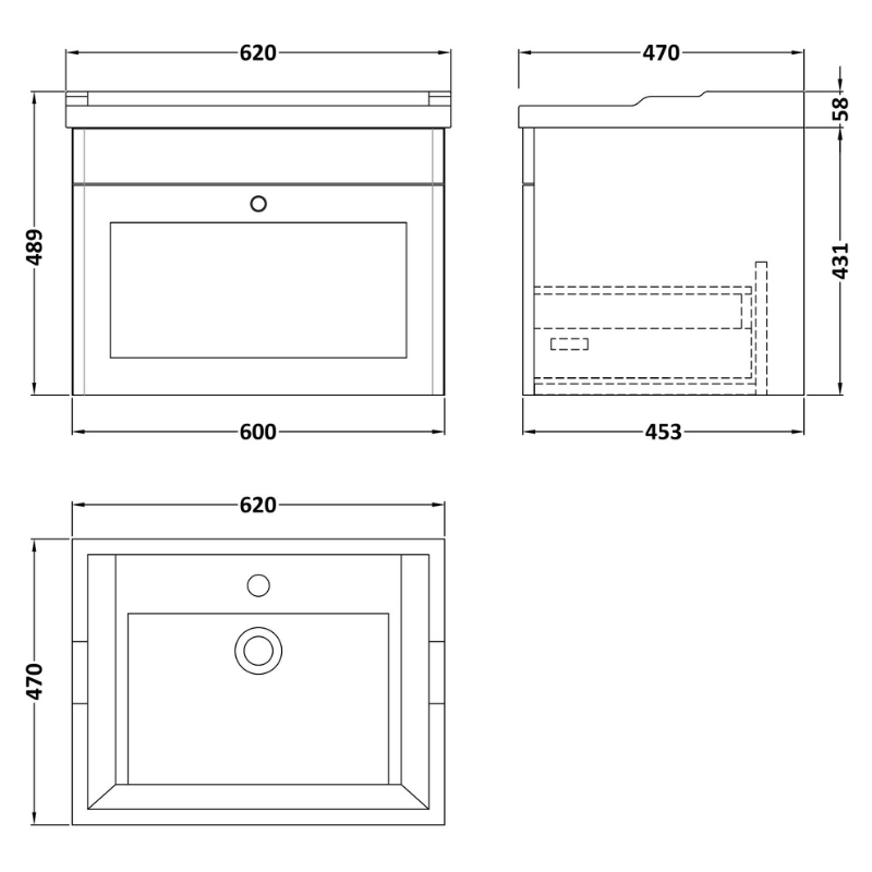Nuie Classique 600mm Wall Hung 1 Drawer Vanity Unit with 3 Tap Hole Basin, Chrome Handle (1 size, Satin White) - Brand New Bathrooms