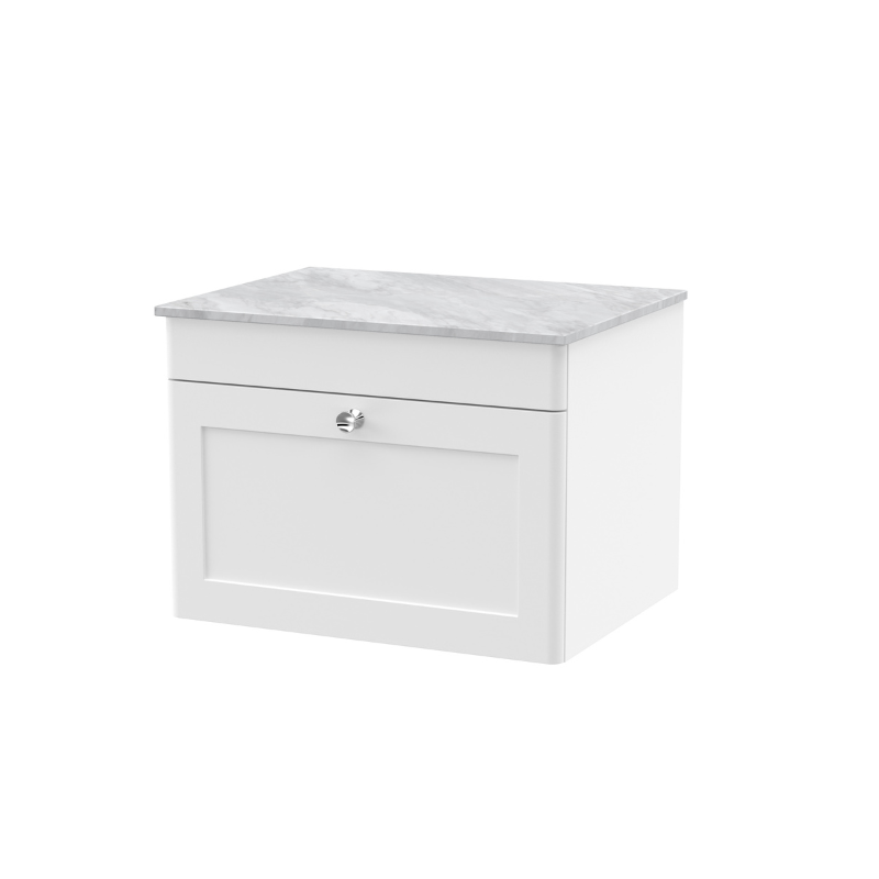 Nuie Classique 600mm Wall Hung 1-Drawer Vanity with Marble Top (1 size, Satin White) - Brand New Bathrooms