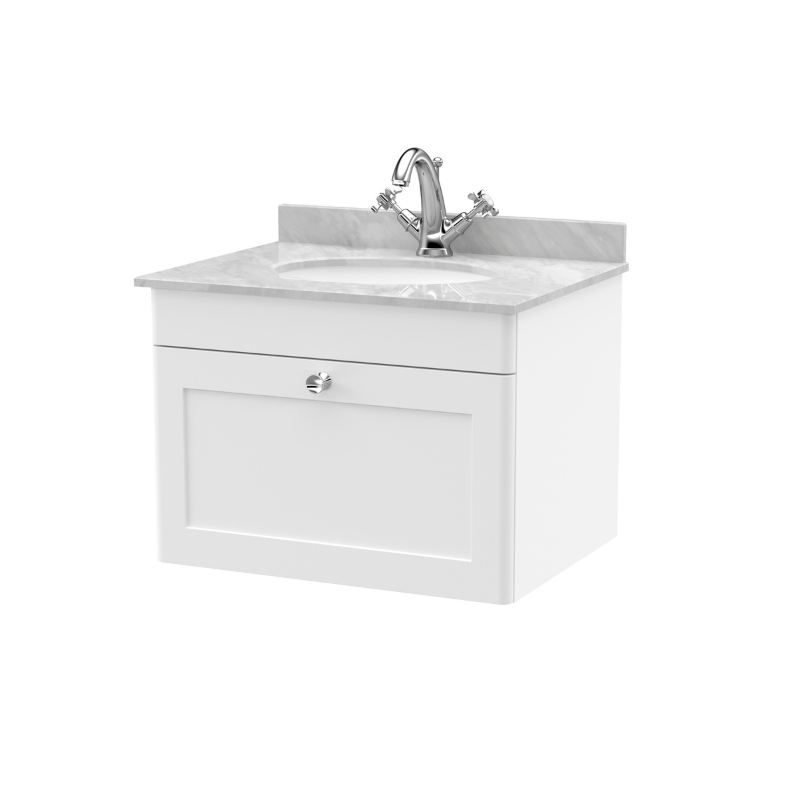 Nuie Classique 620mm Wall Hung 1 Drawer Vanity Unit With Basin, 1 Tap Hole, Overflow & Chrome Handle (1 size, Satin White) - Brand New Bathrooms
