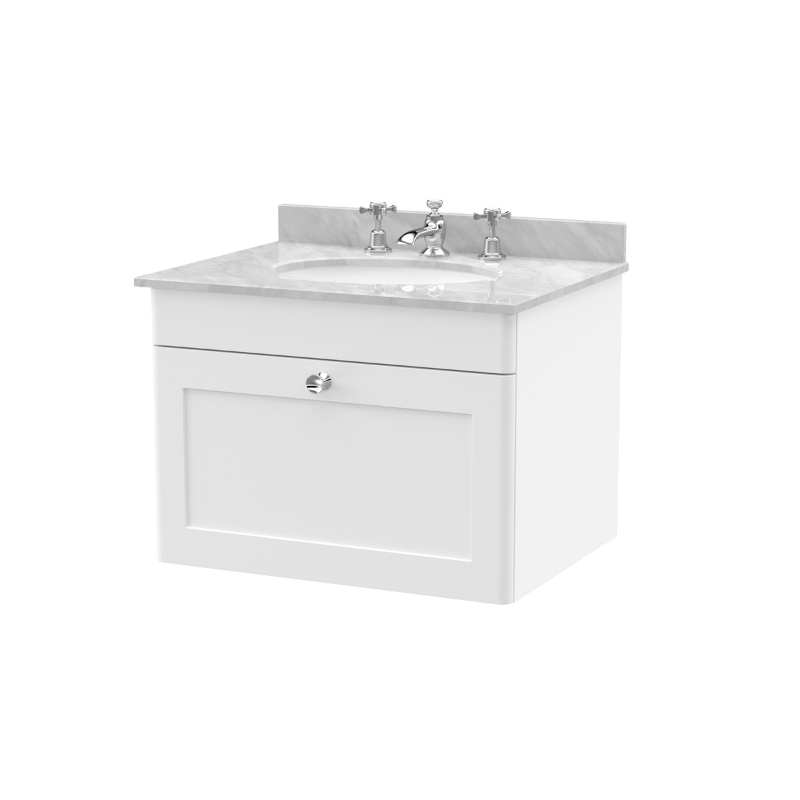 Nuie Classique 600mm Wall Hung 1 Drawer Vanity Unit with 3 Tap Hole Marble Top Round Basin (1 size, Satin White) - Brand New Bathrooms