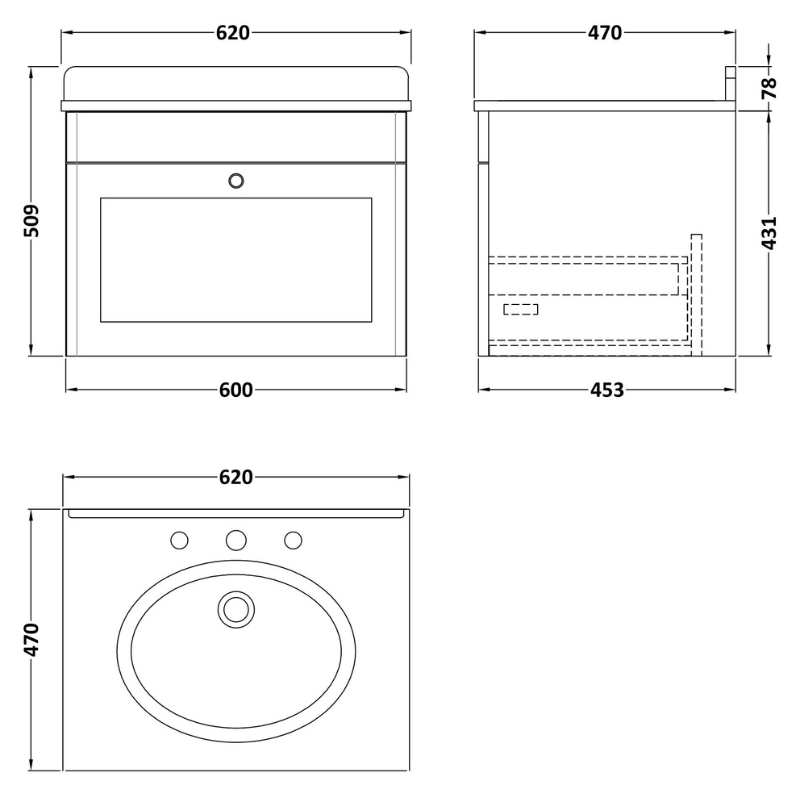 Nuie Classique 600mm Wall Hung 1 Drawer Vanity Unit with 3 Tap Hole Marble Top Round Basin (1 size, Satin White) - Brand New Bathrooms