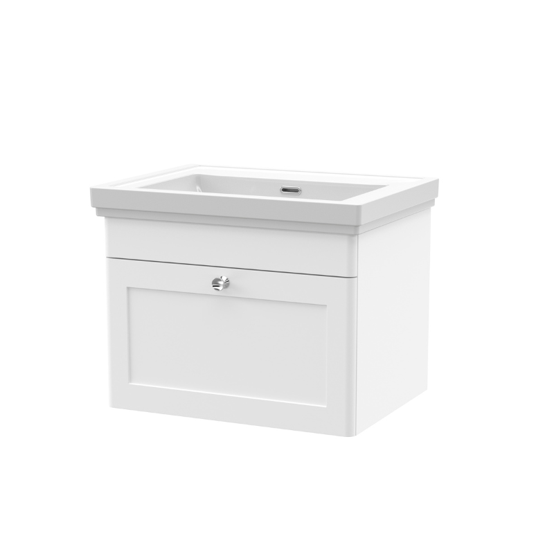 Nuie Classique 600mm Wall Hung 1 Drawer Vanity Unit with Basin (1 size, Satin White) - Brand New Bathrooms