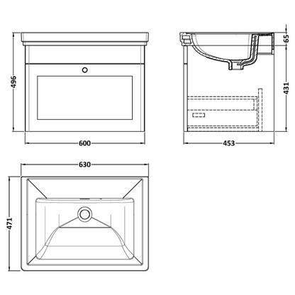 Nuie Classique 600mm Wall Hung 1 Drawer Vanity Unit with Basin (1 size, Satin White) - Brand New Bathrooms