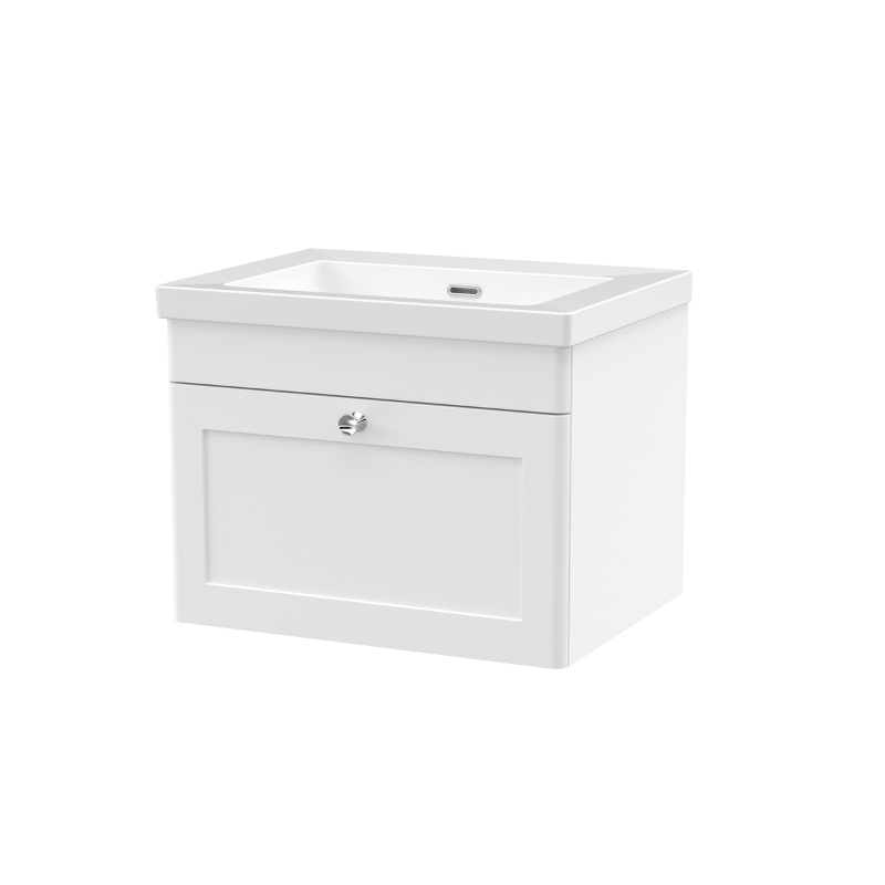 Nuie Classique 600mm Wall Hung 1-Drawer Vanity Unit With 0 Tap Hole Basin (1 size, Satin White) - Brand New Bathrooms