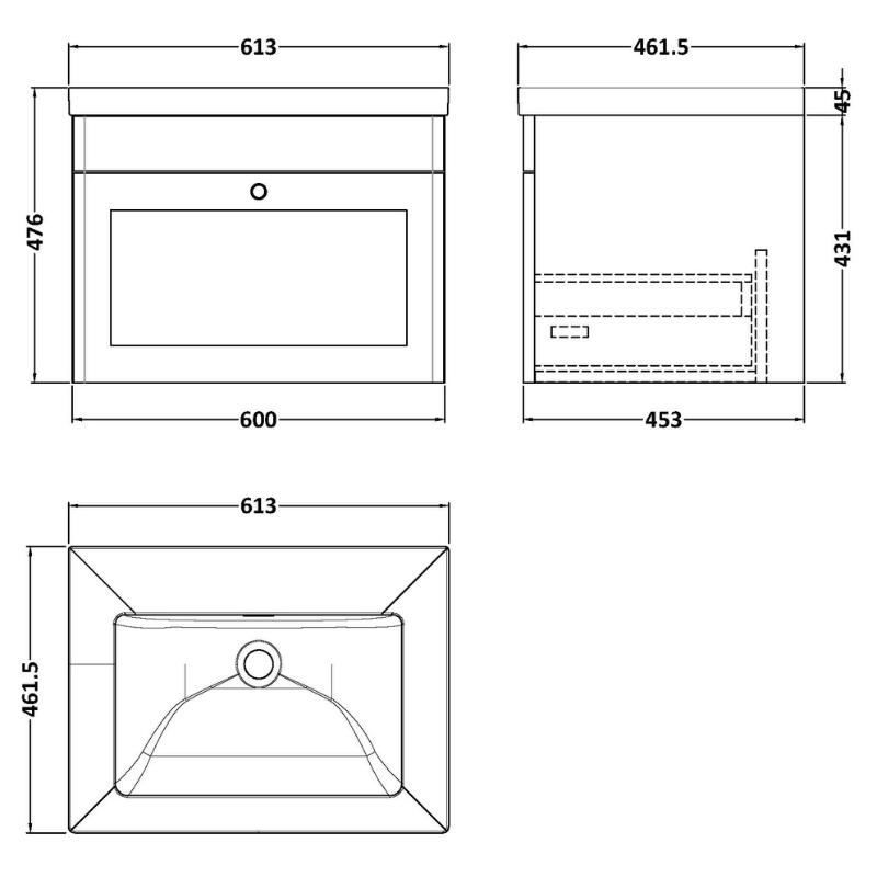 Nuie Classique 600mm Wall Hung 1-Drawer Vanity Unit With 0 Tap Hole Basin (1 size, Satin White) - Brand New Bathrooms