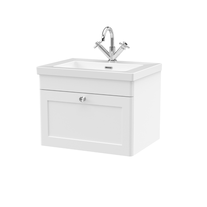Nuie Classique 600mm Wall Hung 1-Drawer Vanity with Basin - 1 Tap Hole (1 size, Satin White) - Brand New Bathrooms