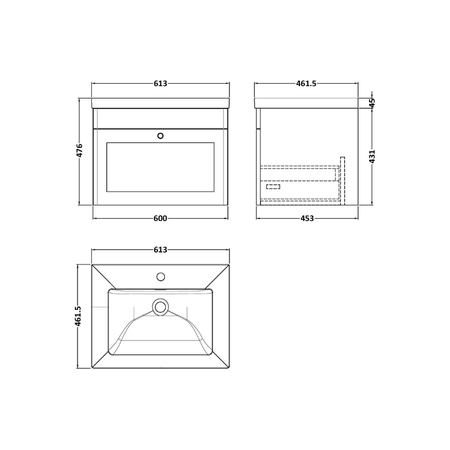Nuie Classique 600mm Wall Hung 1-Drawer Vanity with Basin - 1 Tap Hole (1 size, Satin White) - Brand New Bathrooms
