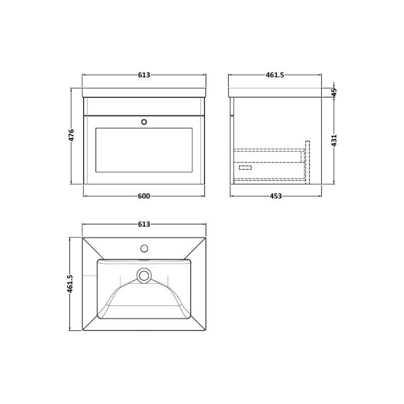 Nuie Classique 600mm Wall Hung 1-Drawer Vanity with Basin - 1 Tap Hole (1 size, Satin White) - Brand New Bathrooms