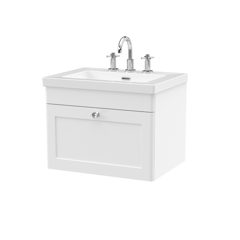 Nuie Classique 600mm Wall Hung 1-Drawer Vanity with Basin - 3 Tap Hole (1 size, Satin White) - Brand New Bathrooms