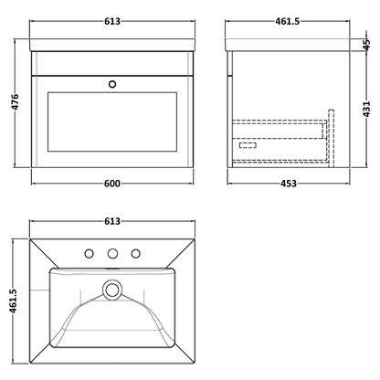 Nuie Classique 600mm Wall Hung 1-Drawer Vanity with Basin - 3 Tap Hole (1 size, Satin White) - Brand New Bathrooms