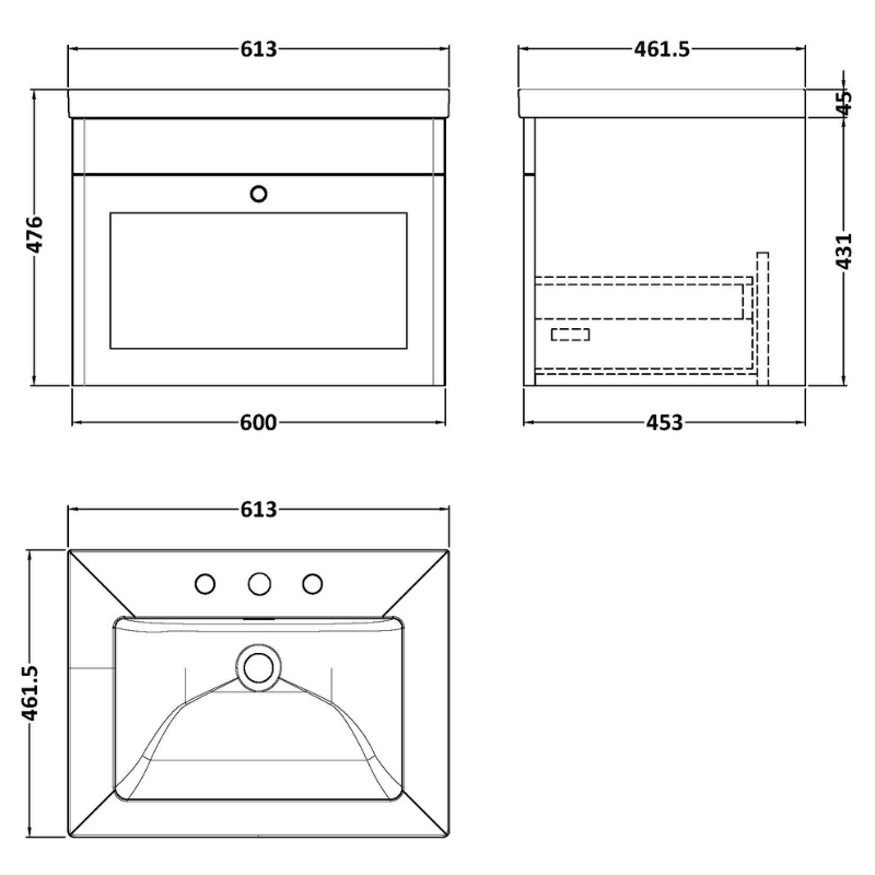 Nuie Classique 600mm Wall Hung 1-Drawer Vanity with Basin - 3 Tap Hole (1 size, Satin White) - Brand New Bathrooms