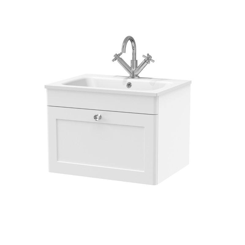 Nuie Classique 600mm Wall Hung 1 Drawer Vanity Basin Unit & 1 Tap Hole Stone Basin (1 size, Satin White) - Brand New Bathrooms