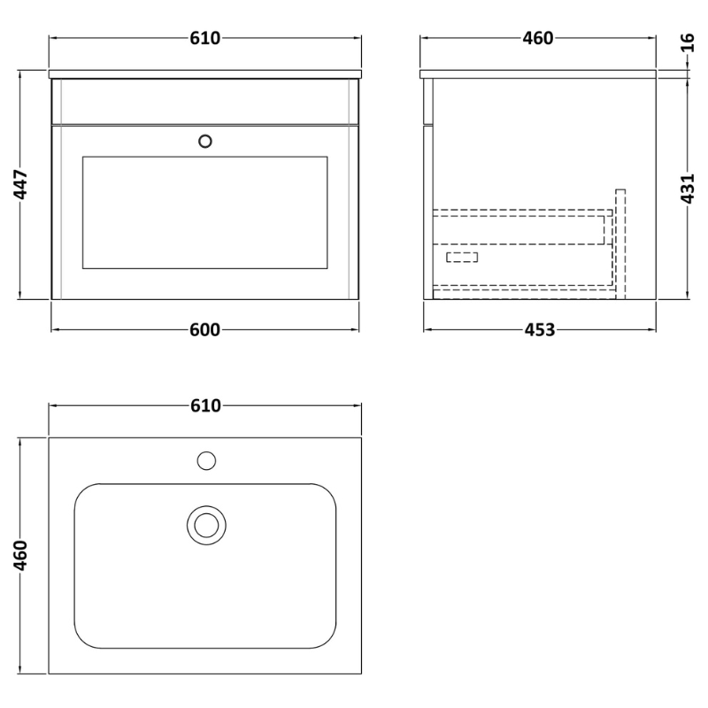 Nuie Classique 600mm Wall Hung 1 Drawer Vanity Basin Unit & 1 Tap Hole Stone Basin (1 size, Satin White) - Brand New Bathrooms