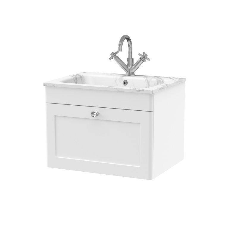 Nuie Classique 600mm Wall Hung 1 Drawer Vanity Basin Unit & 1 Tap Hole Stone Basin (1 size, Satin White) - Brand New Bathrooms