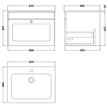 Nuie Classique 600mm Wall Hung 1 Drawer Vanity Basin Unit & 1 Tap Hole Stone Basin (1 size, Satin White) - Brand New Bathrooms