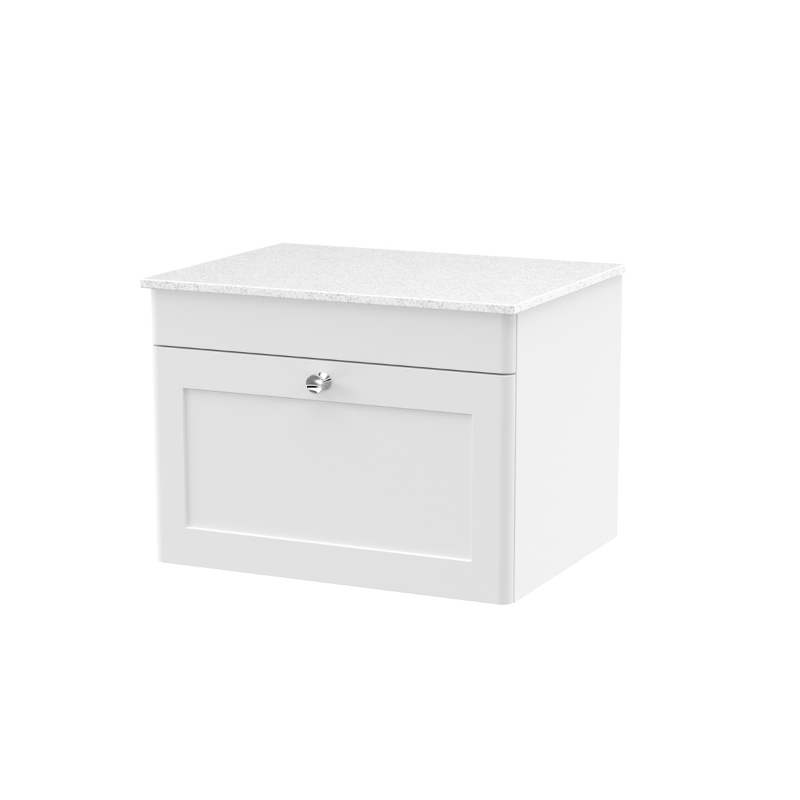 Nuie Classique 600mm Wall Hung 1-Drawer Vanity with Marble Top (1 size, Satin White) - Brand New Bathrooms