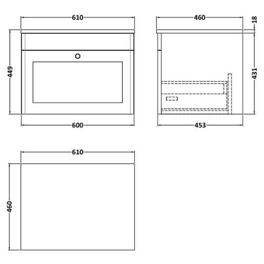 Nuie Classique 600mm Wall Hung 1-Drawer Vanity with Marble Top (1 size, Satin White) - Brand New Bathrooms