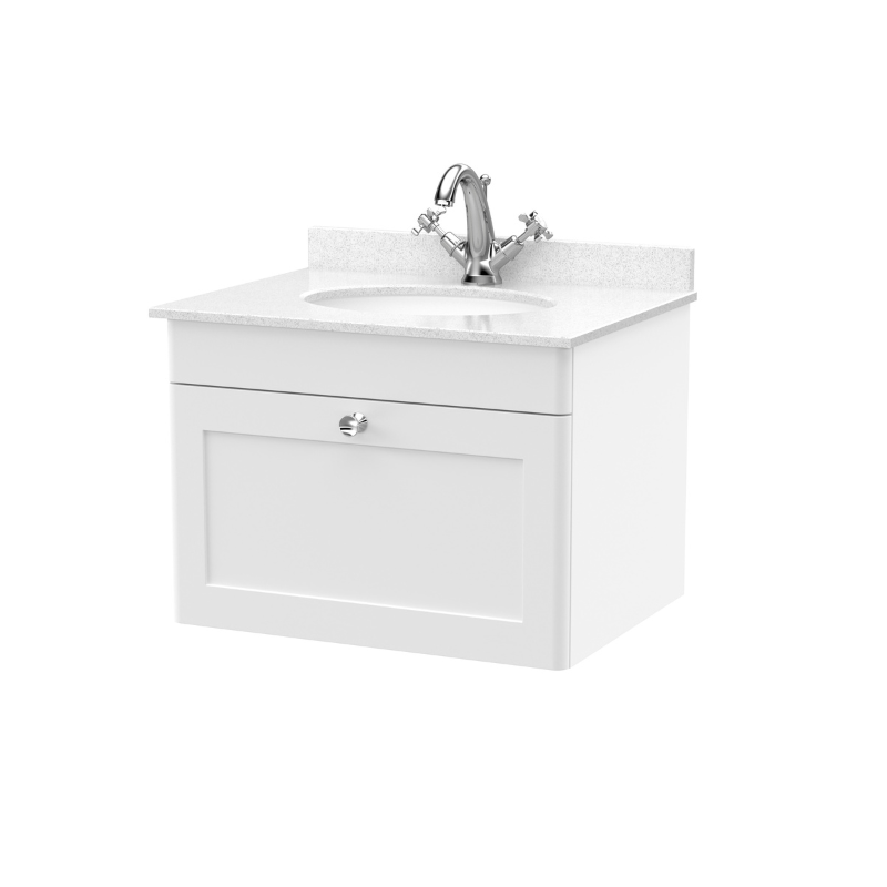 Nuie Classique 600mm Wall Hung 1 Drawer Vanity Unit with 1 Tap Hole Basin (1 size, Satin White) - Brand New Bathrooms