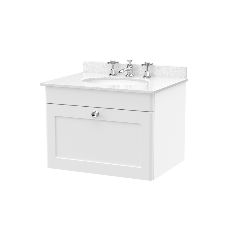 Nuie Classique 600mm Wall Hung Vanity Unit With 3 Tap Hole Marble Top & Oval Basin (1 size, Satin White) - Brand New Bathrooms
