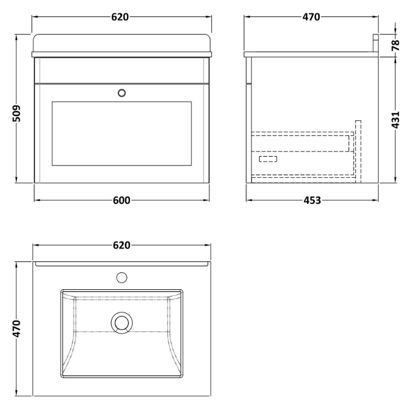 Nuie Classique 600mm Wall Hung Vanity Unit With 1 Tap Hole Marble Top & Basin (1 size, Satin White) - Brand New Bathrooms
