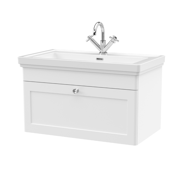 Nuie Classique 800mm Drawer Wall Hung Vanity Basin Unit With 1 Tap Hole & Chrome Handle (1 size, Satin White) - Brand New Bathrooms