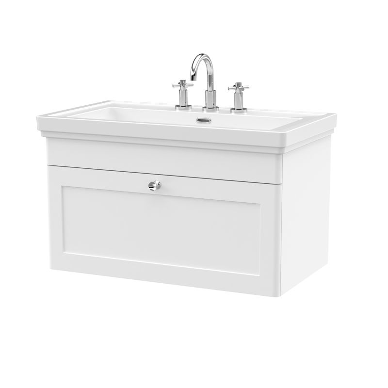 Nuie Classique 830mm Wall Hung 1 Drawer Vanity Unit with 3 Tap Hole Basin (1 size, Satin White) - Brand New Bathrooms